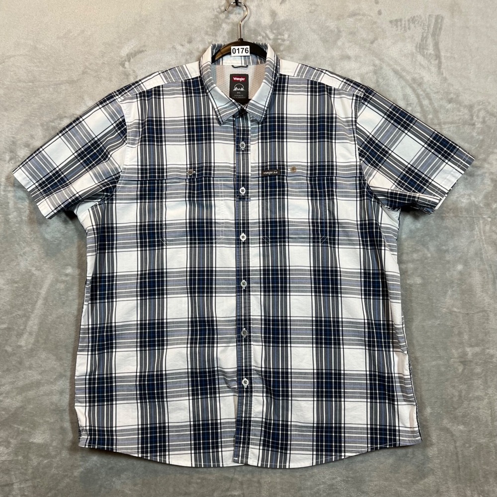 Wrangler Short Sleeve Utility Camp Shirt Mens 2XL‎ Plaid Blue/White Outdoor